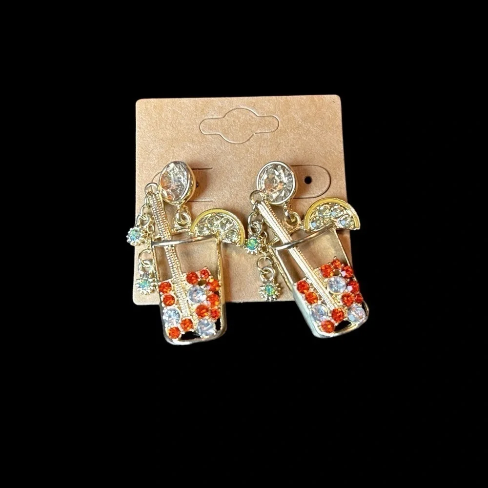 Tropical Drink Rhinestone Dangle Earrings NWOT